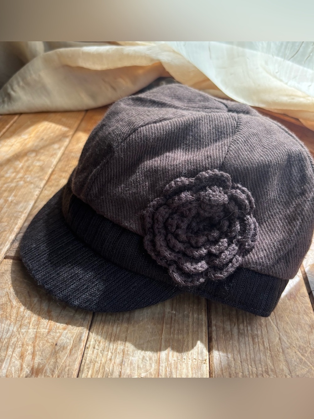 Angela & William Brown Knit Flower Newsboy Cap
